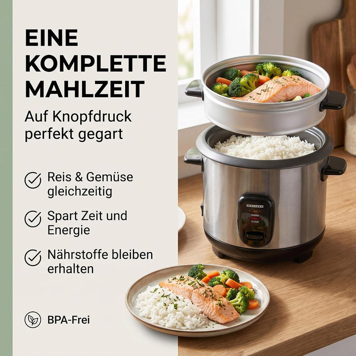 Melissa Reiskocher 1,5 L - 500 W Edelstahl-Reiskocher mit Antihaft-Innentopf, Dämpfkorb für Gemüse &amp;