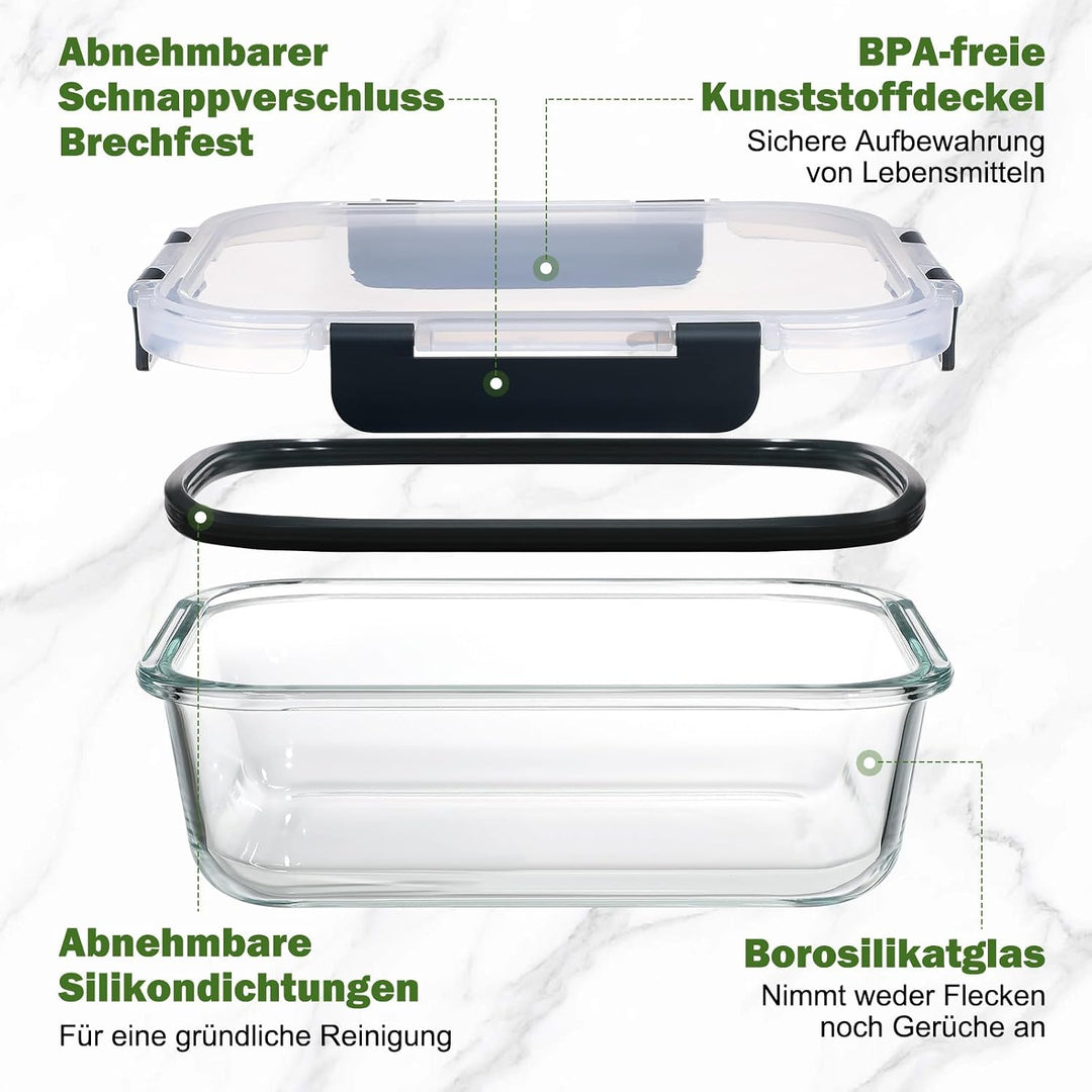 YASHE Glasbehälter mit Deckel, 10 Teile Stapelbar & Luftdicht Meal Prep Boxen Glas für Spülmaschine,
