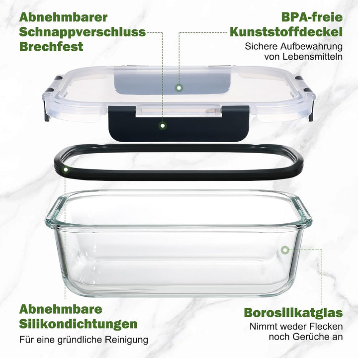 YASHE Glasbehälter mit Deckel, 10 Teile Stapelbar & Luftdicht Meal Prep Boxen Glas für Spülmaschine,