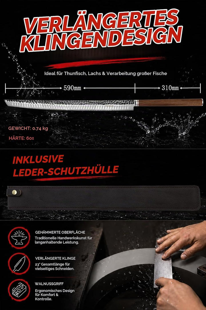 YOUSUNLONG Sakimaru-Messer 590mm Ultra Yanagiba - Japanische Hammer Damaststahlklinge - Natürlicher