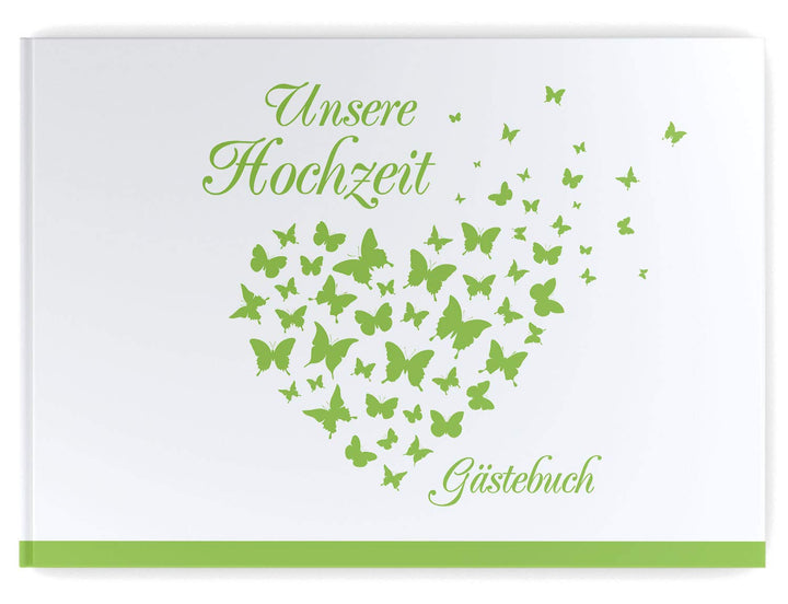 Gästebuch Hochzeit - Hardcover, ohne Fragen, A4 quer, Butterfly Heart (hell grün), Hell Grün