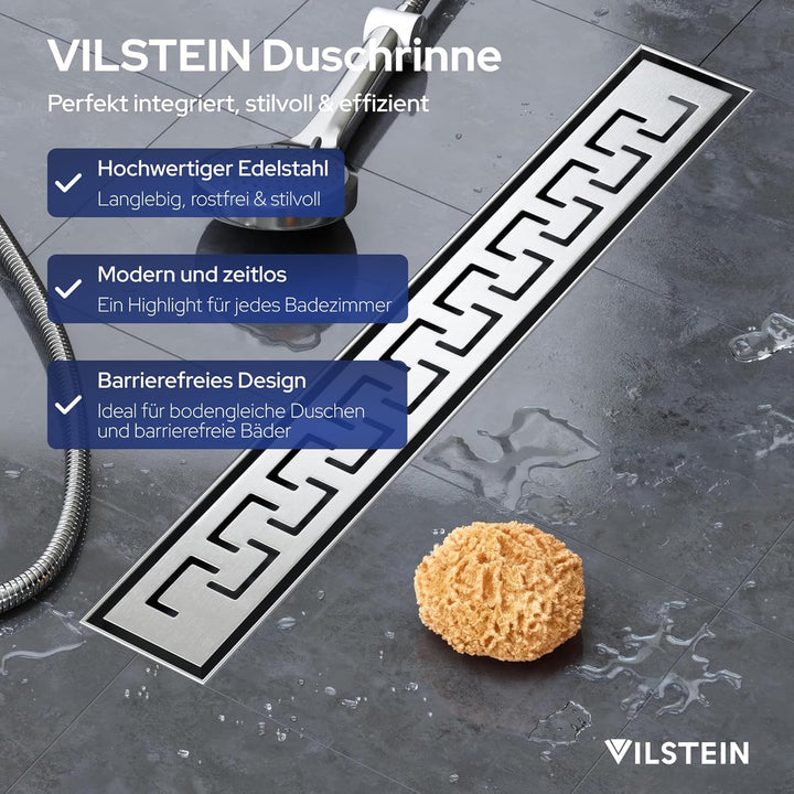 VILSTEIN Duschrinne 80cm, Edelstahl Bodenablauf Komplettset, extra flach, Siphon mit Geruchsstop, Ha