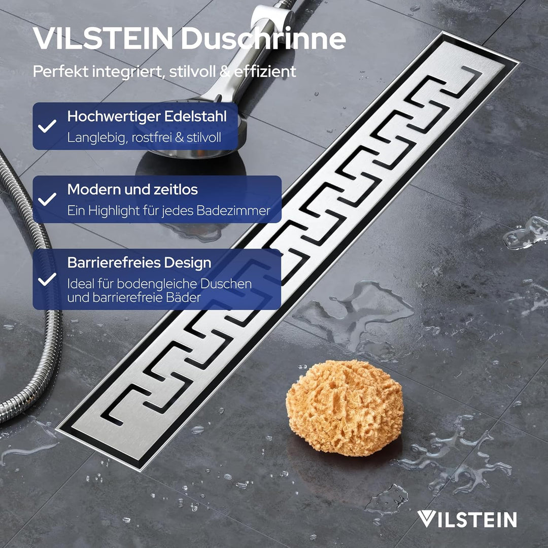 VILSTEIN Duschrinne 50cm, Edelstahl Bodenablauf Komplettset, extra flach, Siphon mit Geruchsstop, Ha