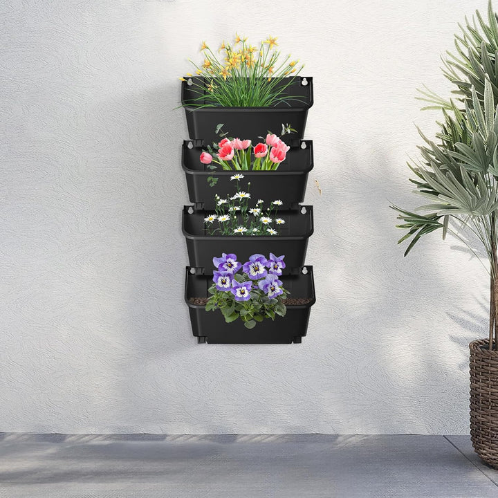 Wandpflanzgefäss Set 4 Stück Vertikaler Garten Pflanzkübel Aus PP Kunststoff Wandmontage Mit Entwäss