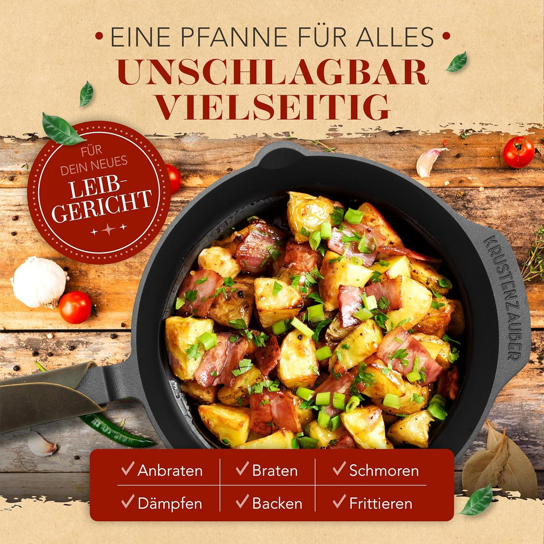KRUSTENZAUBER Gusseisenpfanne Induktion 28cm inkl. Anleitung und Rezeptbuch - Geschliffene Pfanne Gu