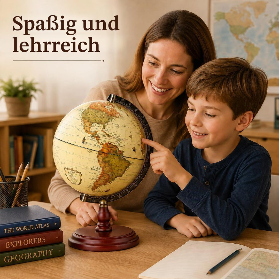 Exerz 25cm Antiker Globus Mit Holzfuss - Englische Karte - Für Kinder Büro Deko - Schülerglobus Mord