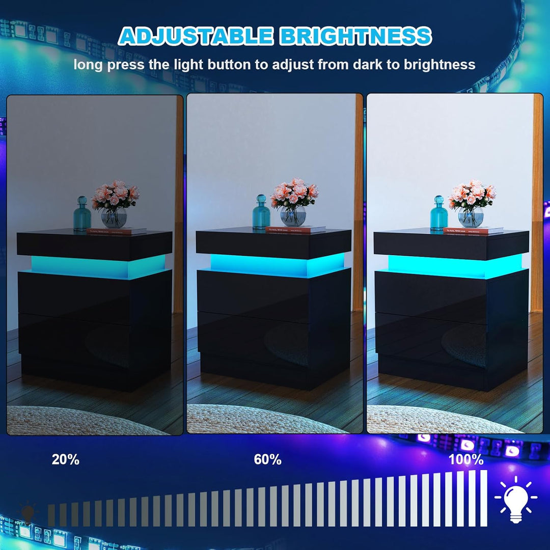 Lvhcmfohm Nachttisch Schwarz 2er Set, Nachtschrank mit Led Licht, Nachtkommode mit 2 Schubladen und