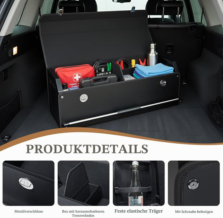 Kofferraum Organizer mit Deckel – Premium NAPPA-Leder, Tragbarer Push-Pull-Griff &amp; Stabile Universal