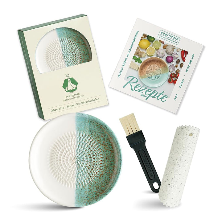 Evergrate® Keramikreibe Ice mit Geschenkbox – mit Reibe, Knoblauchschäler, Rezeptheft & Pinsel – Han