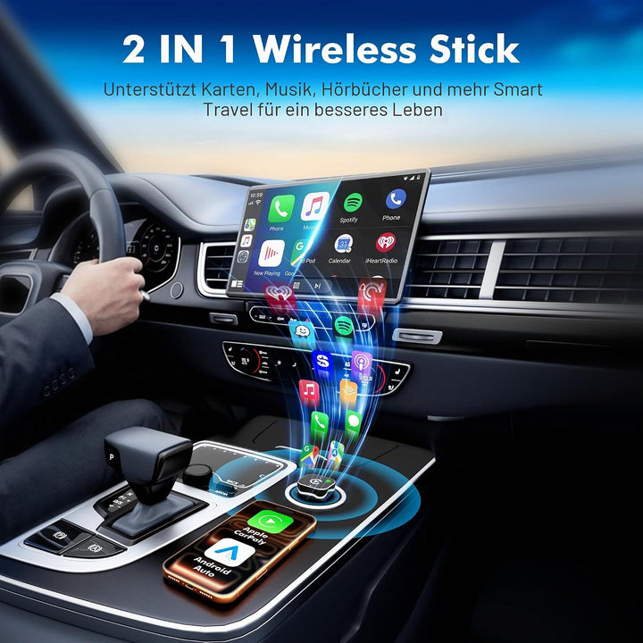 2026 Update 2-IN-1 Wireless CarPlay & Android Auto Adapter, Kabelloses CarPlay für iPhone & Android,