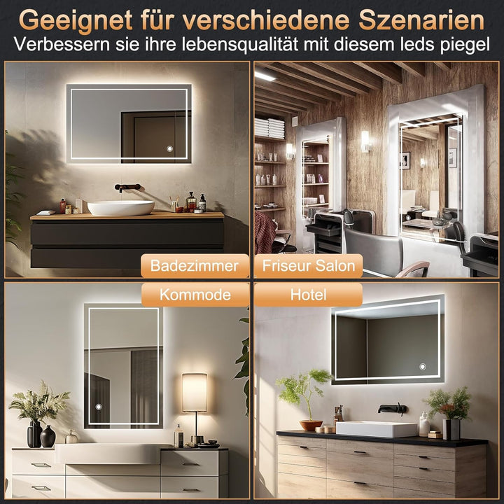 Youyijia LED Badspiegel mit Beleuchtung, Wandspiegel Badezimmerspiegel mit Touch-Schalter Kaltweiss