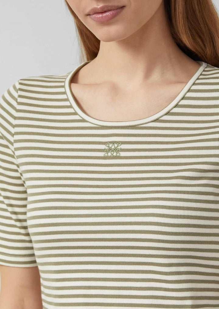 s.Oliver Damen Geripptes T-Shirt im Slim Fit mit Stickerei T-Shirt Langarm 44 79g3_olivgrün, 44 79g3