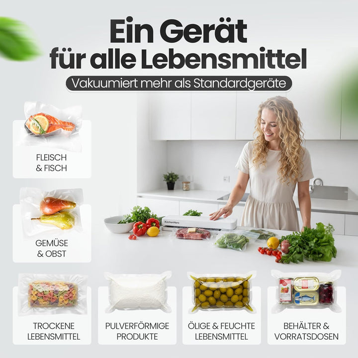 Vakuumierer mit Glasoberfläche & Touch – Premium Vakuumiergerät Weiss – Inkl. 10 Beutel & Schlauch –
