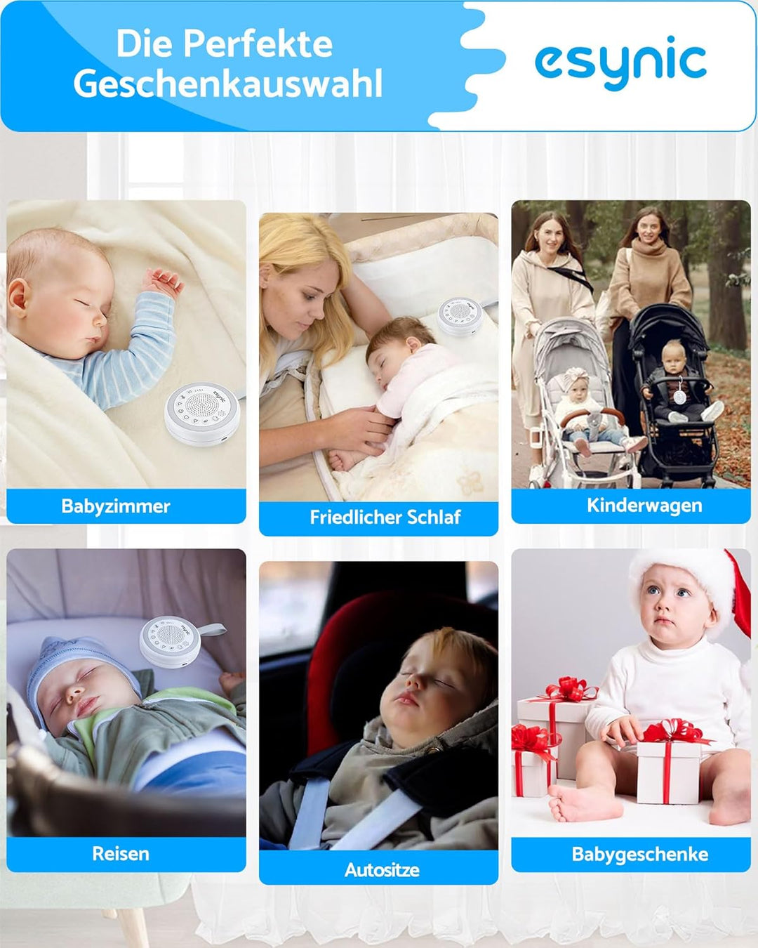 eSynic White Noise Machine für Baby Einschlafhilfen Kinder Weisses Rauschen Machine 24 Sound Weinen-