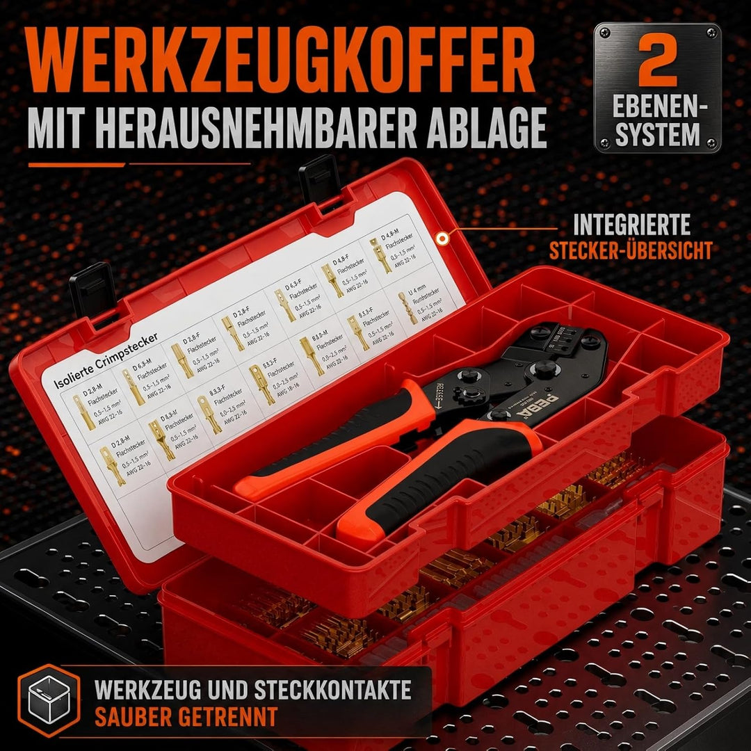 PEBA Crimpzange Flachsteckhülsen Set, mit 14 Arten Kabelschuhe Flachstecker 2,8/4,8/6,3mm, Crimpzang