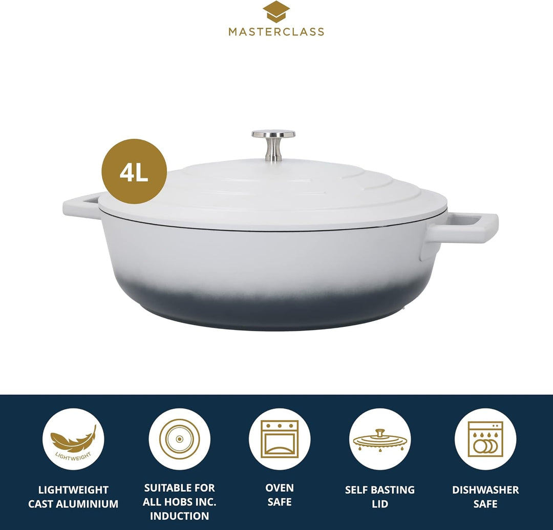MasterClass Flache Bratpfanne mit Deckel, 4 l/28 cm, leichter Aluminiumguss, induktionsgeeignet und