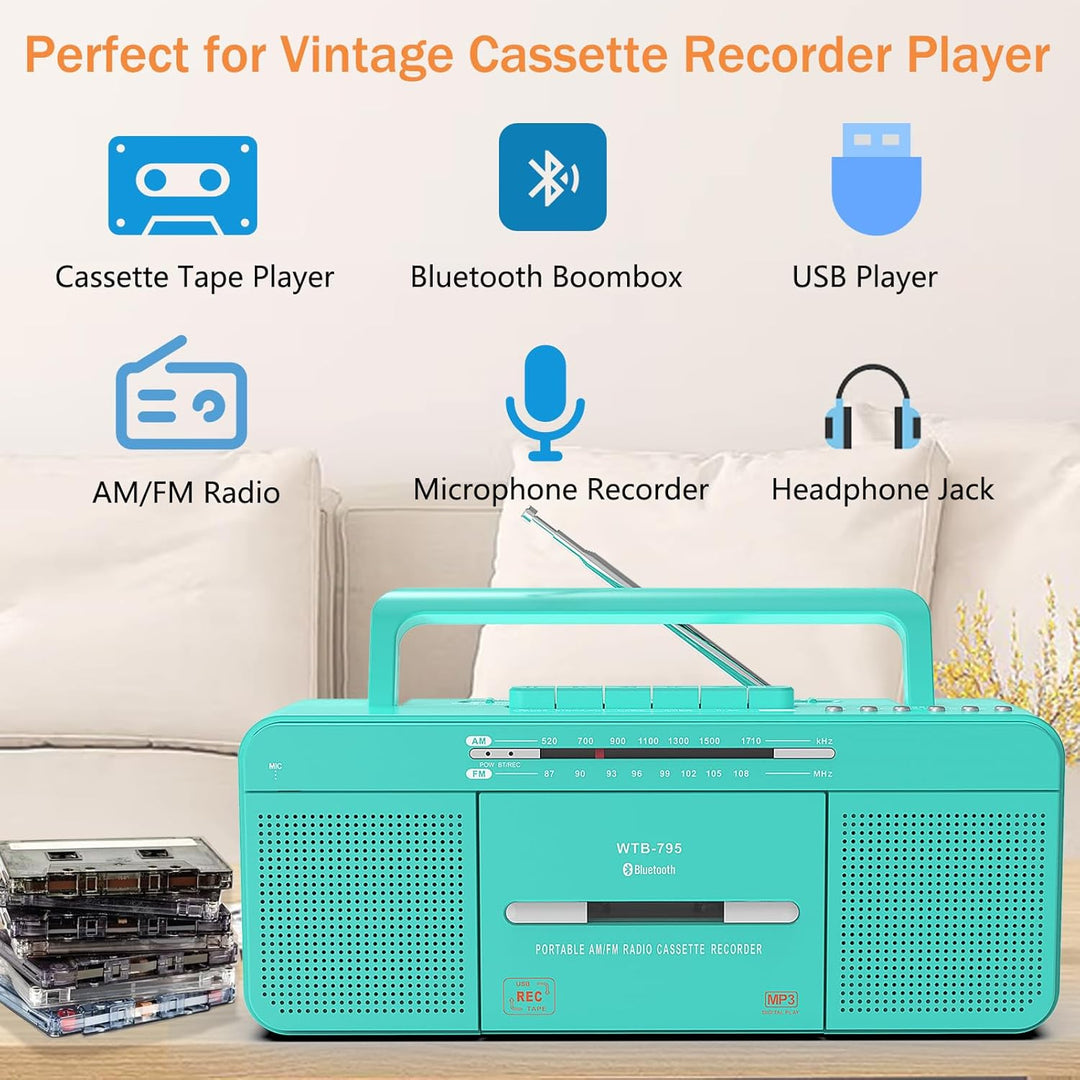 WTB-795 Retro Kassettenspieler mit USB/Bluetooth/AM/FM-Radio-Stereo, integriertem Mikrofonrecorder,