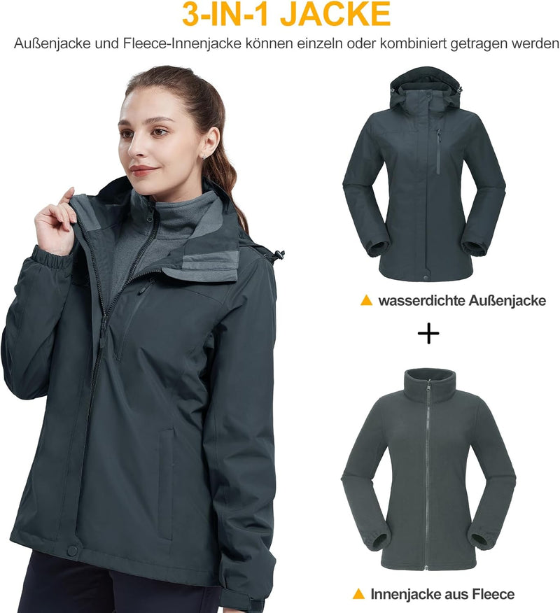 OutPro Damen 3-in-1-Skijacke wasserdicht winddicht Winterjacke Outdoor Wandern mit Fleece gefüttert