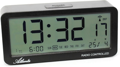 Atlanta Funkwecker Digital-Wecker LCD Snooze Licht Lautlos Ohne Ticken 3 Weckzeiten Alarme Schwarz -