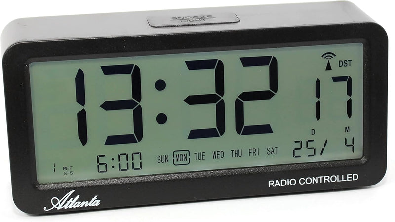 Atlanta Funkwecker Digital-Wecker LCD Snooze Licht Lautlos Ohne Ticken 3 Weckzeiten Alarme Schwarz -