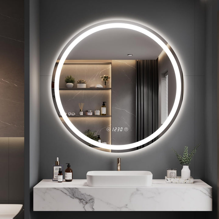 Dripex Badspiegel mit Beleuchtung Rund Led Spiegel mit Uhr und Touch-Schalter, Dimmbar, Beschlagfrei