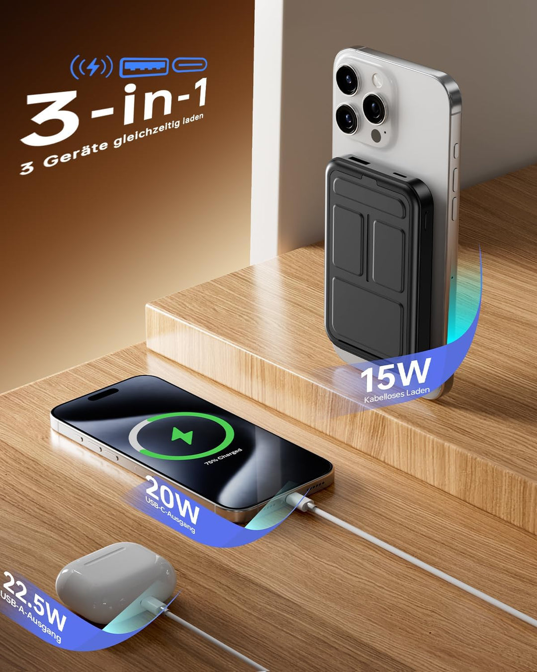 Powerbank für Magsafe, 10000mAh Magnetische Power Bank Schnellladefunktion 22,5W USB-A Tragbarer Ext