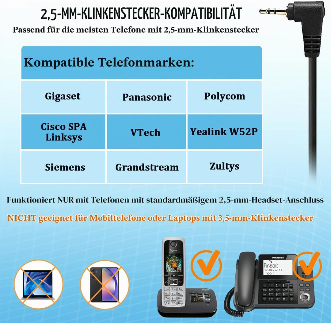 Callez 2,5mm Klinke Headset Telefon mit Mikrofon Noise Cancelling, Schnurlos Festnetz Kopfhörer für