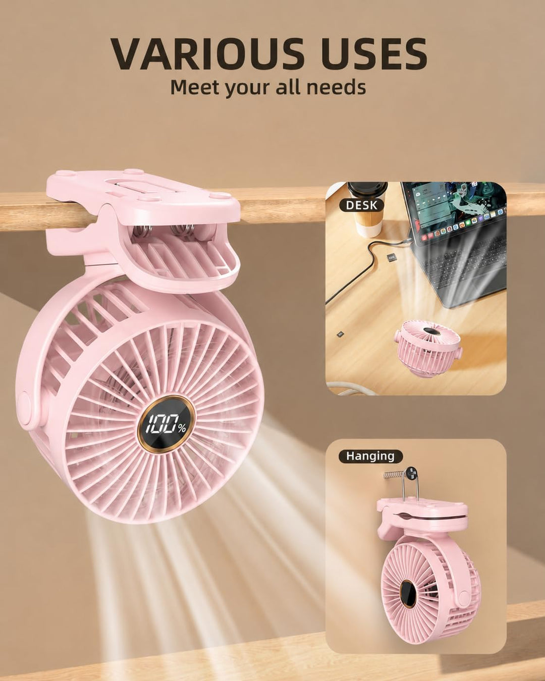 TUNISE USB Ventilator mit Clip, Mini Ventilator 3 Stufen 4,5 m/s, 2000mAh Akku 9,5Std Laufzeit, Tisc