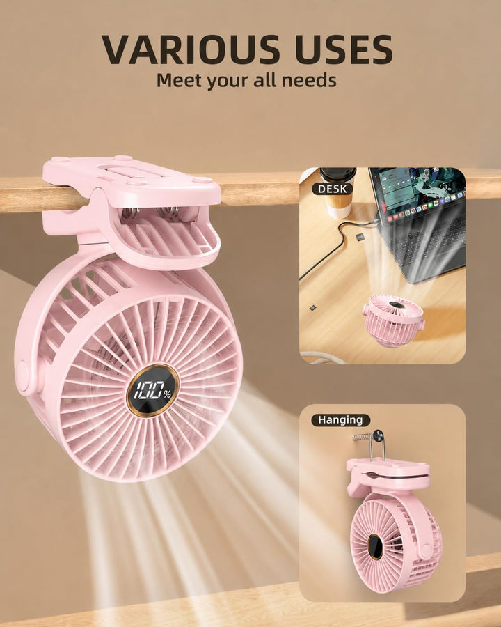 TUNISE USB Ventilator mit Clip, Mini Ventilator 3 Stufen 4,5 m/s, 2000mAh Akku 9,5Std Laufzeit, Tisc