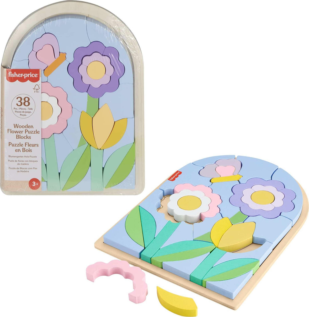 Fisher-Price Spielzeug für Kindergartenkinder Blumengarten Holz-Puzzle mit Stapelblöcken, 37 FSC-zer