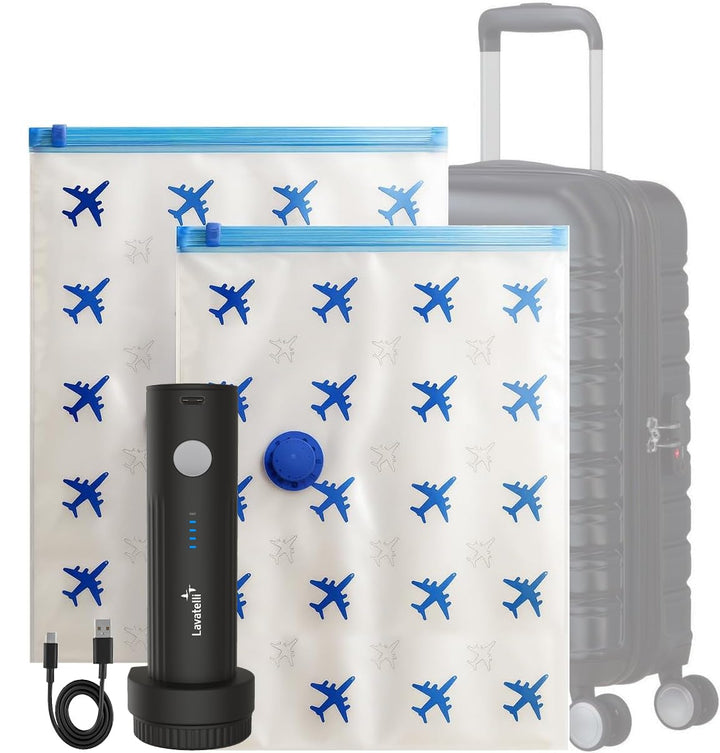 Lavatelli Vakuumbeutel Set USB-C – Vac-U-Set, Kabellose Pumpe + 2 Beutel 40×60 cm | Platzsparend für