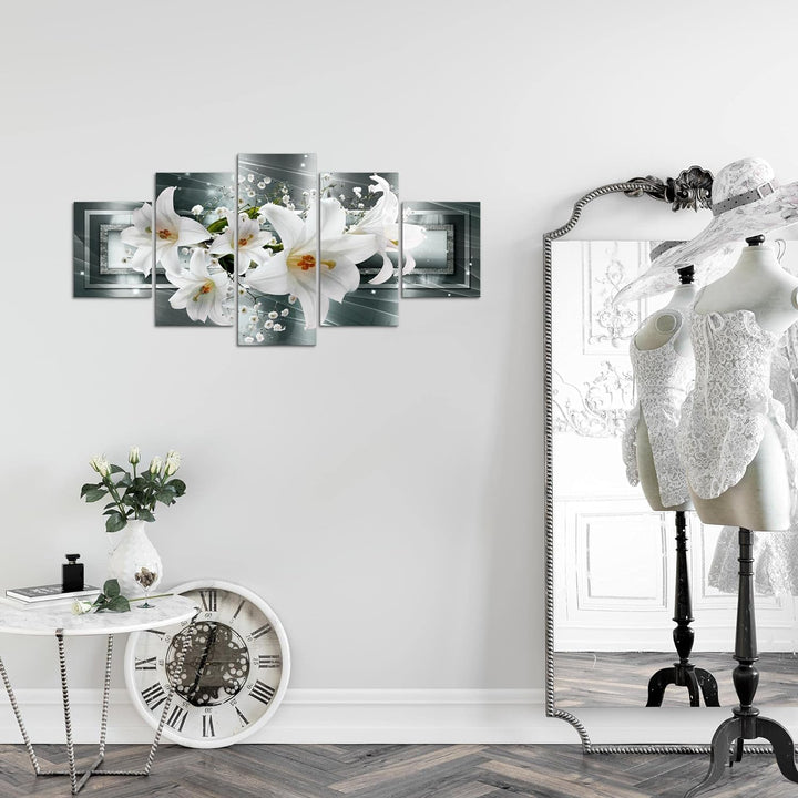 Runa Art Wandbilder Blumen Lilien 5 Teilig Bild auf Vlies Leinwand Deko Wohnzimmer Abstrakt Grau Grü