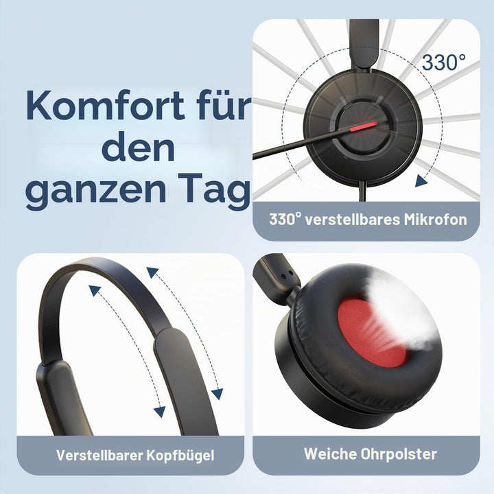 USB Headset mit Mikrofon für PC Laptop, Typ C-USB A-3,5mm Jack, 3-in-1 Computer Headset mit Kabel un