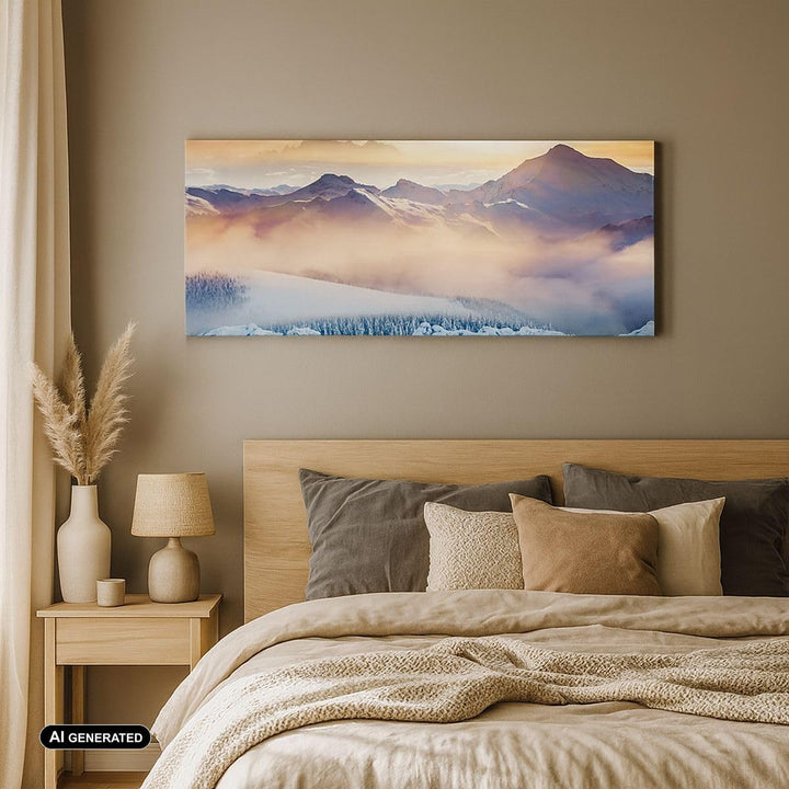 Wandbilder Dekoration Wohnzimmer Berge Schnee Winter Panorama Bilder auf Leinwand 120x50cm Leinwandb