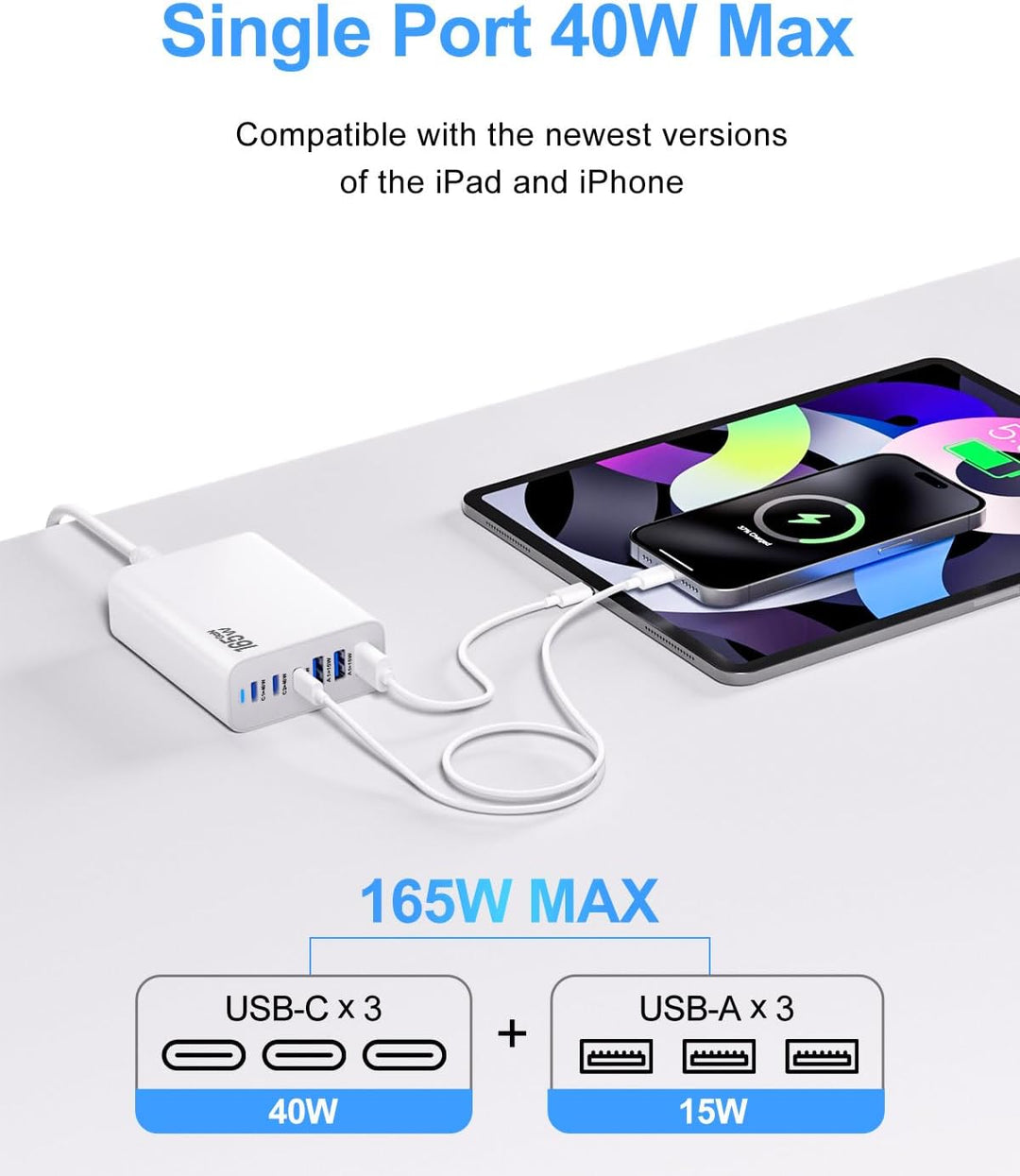 6 Ports Ladestation Schnellladegerät, 165 W USB C Schnelllade Netzteil, PD Power GaN Ladegerät kompa