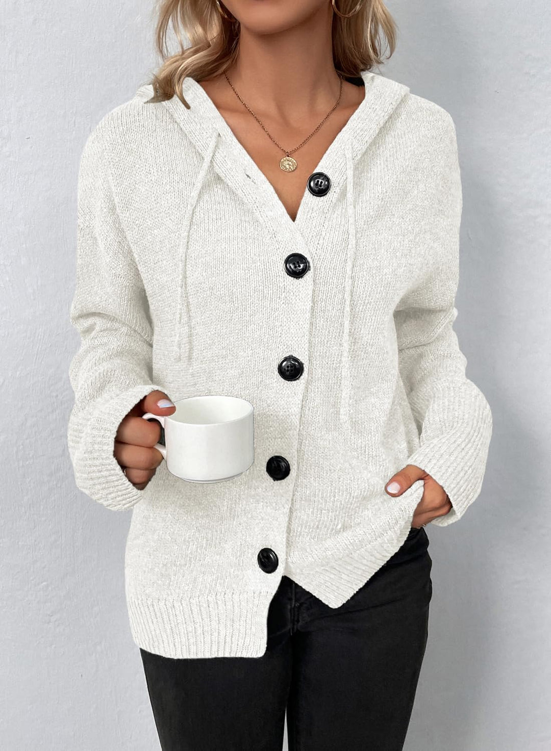 Vcindai Damen Langarm Grobstrickjacke Kurz Strickjacke Herbst Winter Strickmantel mit Kapuze M Weiss