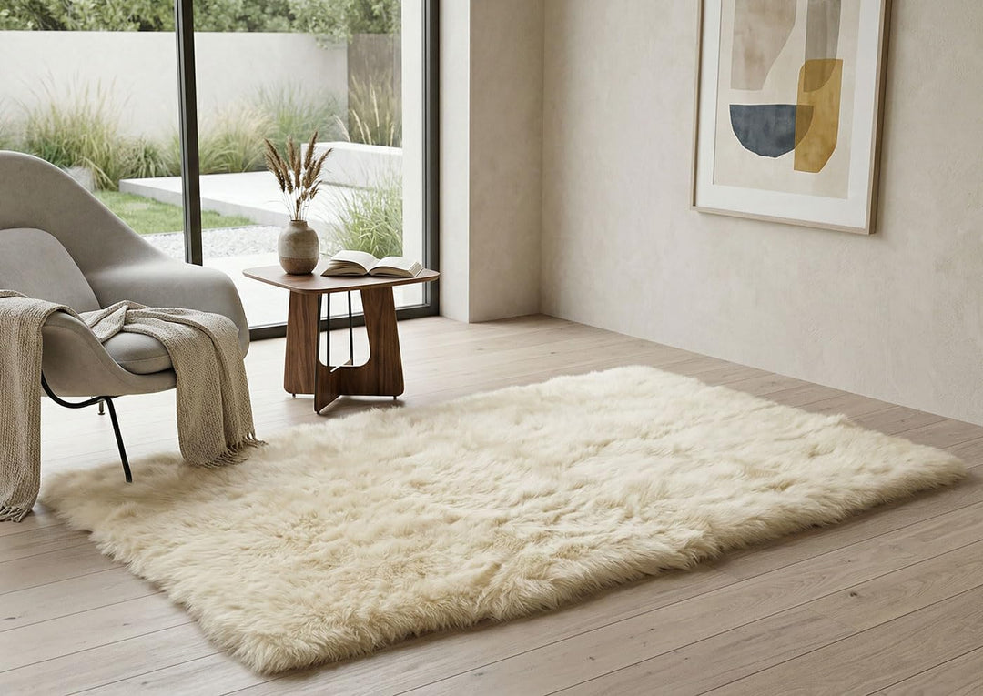 LAMMFELL TEPPICH CHAMPAGNER CREME WEISS CA. 200 x 110 cm FELL TEPPICH KURZWOLLIG AUS 4 SCHWEDISCHEN