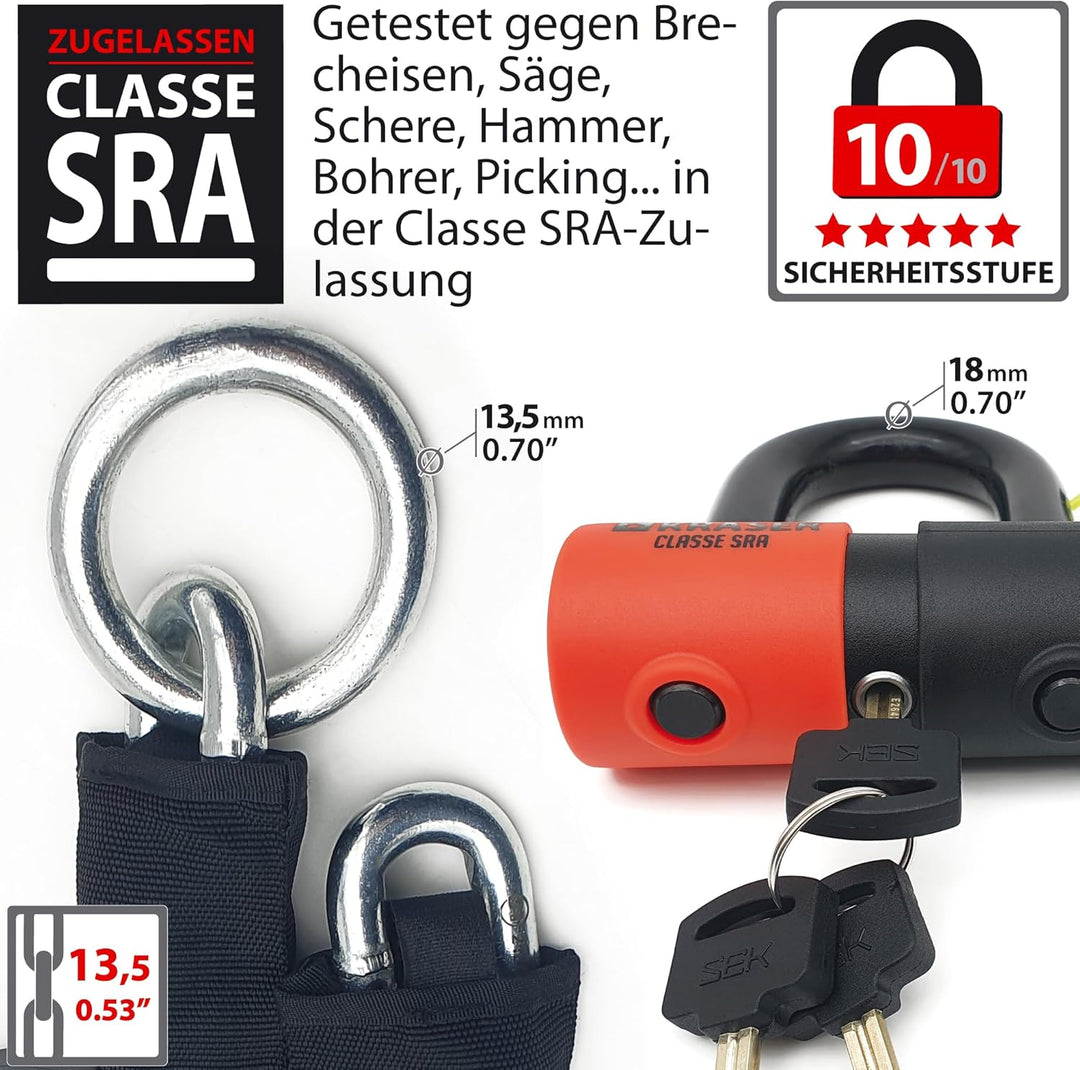 KRASER KR50120L Kettenschloss Schloss Motorrad-Scheibensperre gegen Diebstahl Mini U ø18 + Kette 120