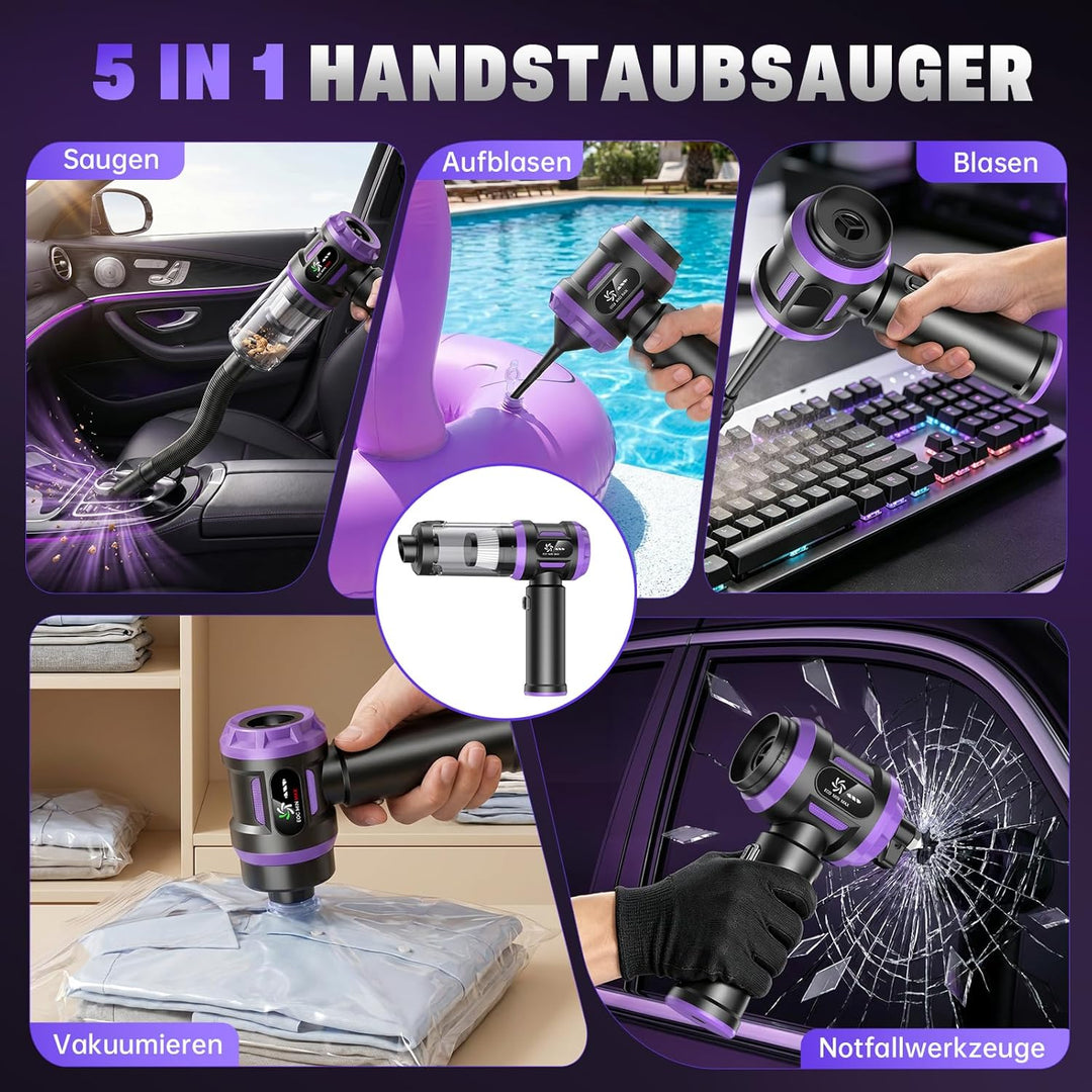 Handstaubsauger Akku 27000Pa mit LED-Display, 5-in-1 Kabelloser Autosauger Stark ,Bürstenloser Motor