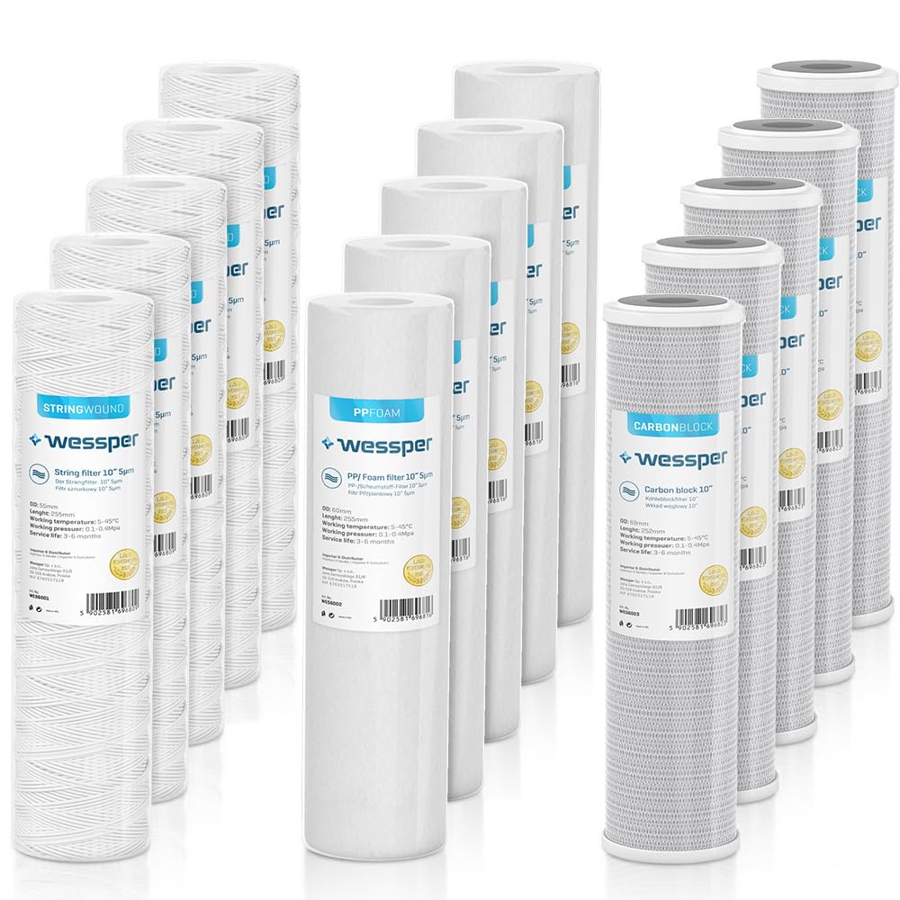 Wessper Set 15x Wasserfilter 10 Zoll | Water Filters: 5x String-Filter, 5x Schaumstofffilter, 5x Akt