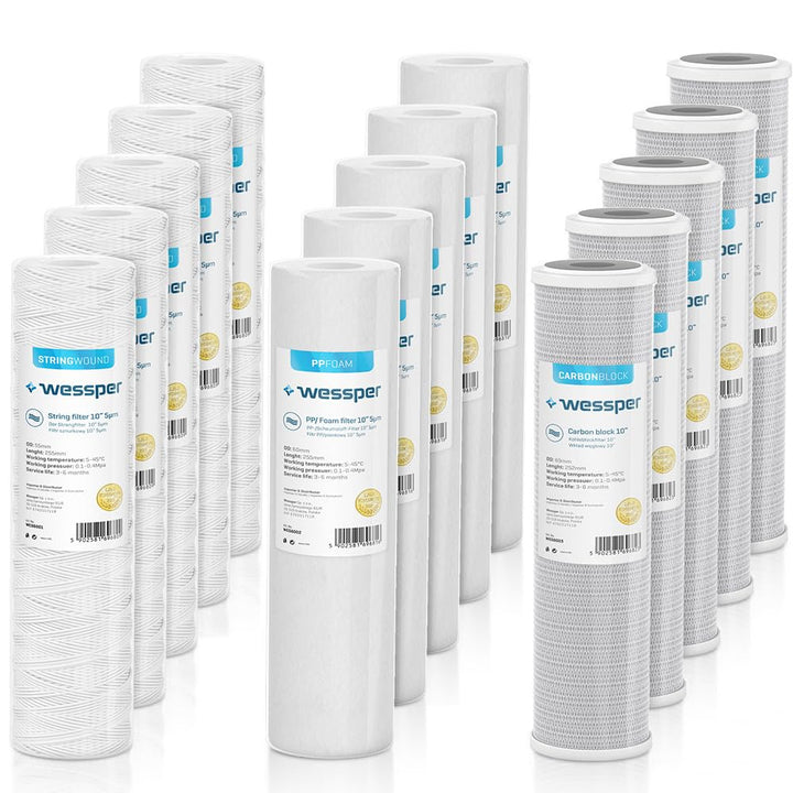Wessper Set 15x Wasserfilter 10 Zoll | Water Filters: 5x String-Filter, 5x Schaumstofffilter, 5x Akt