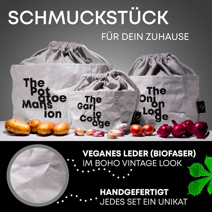 lamounia - Nachhaltige Boho Säckchen aus veganem Leder als Kartoffel Aufbewahrungsbox im 3er Set - S