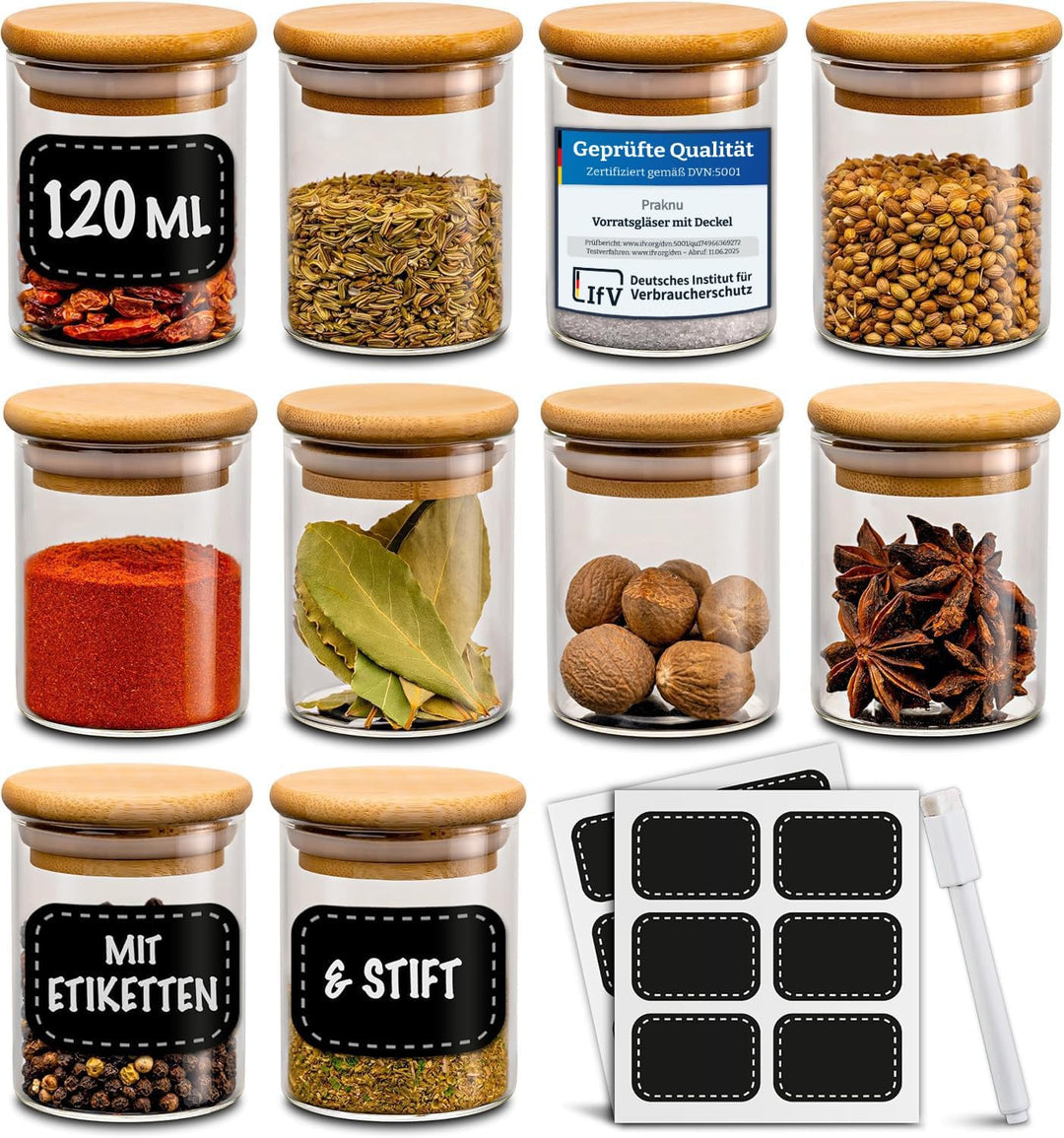 Praknu Gewürzgläser 120ml - 10er Set Gewürzdosen Organizer mit Gewürzetiketten - Luftdicht - Spülmas