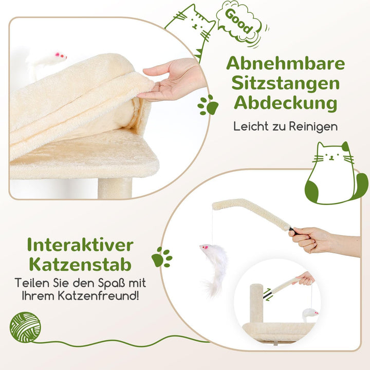Globlazer Kratzbaum Beige Stabil mit 2 Gross Basis, 2 Katzenhaus 90° Drehbares, Gepolsterte Plattfor
