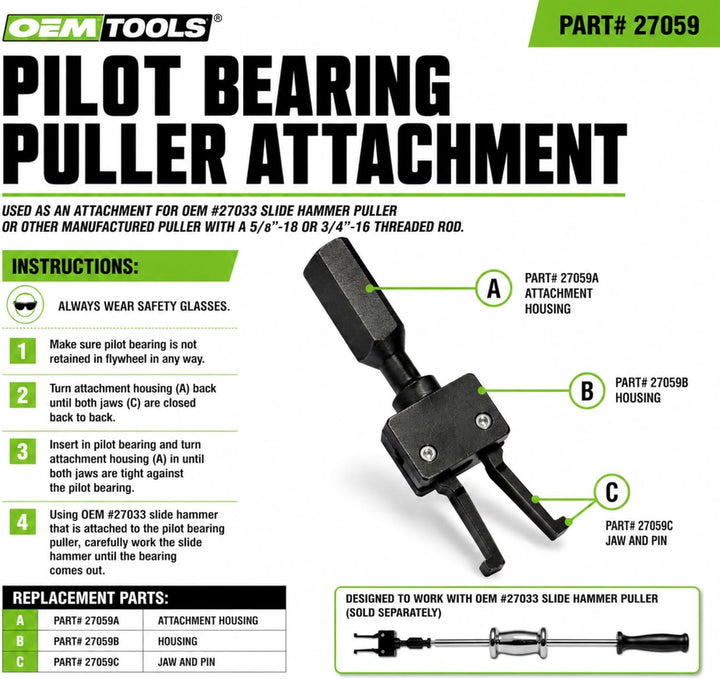 OEMTOOLS 27059 Pilotlagerabzieher Aufsatz für Gleithammer, 2-Backen-Abzieher Pilotlager-Entfernungsw