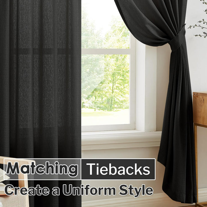Melodieux Vorhänge Schwarz Transparent Leinen Optik Voile Gardinen für Wohnzimmer Schlafzimmer, 2er