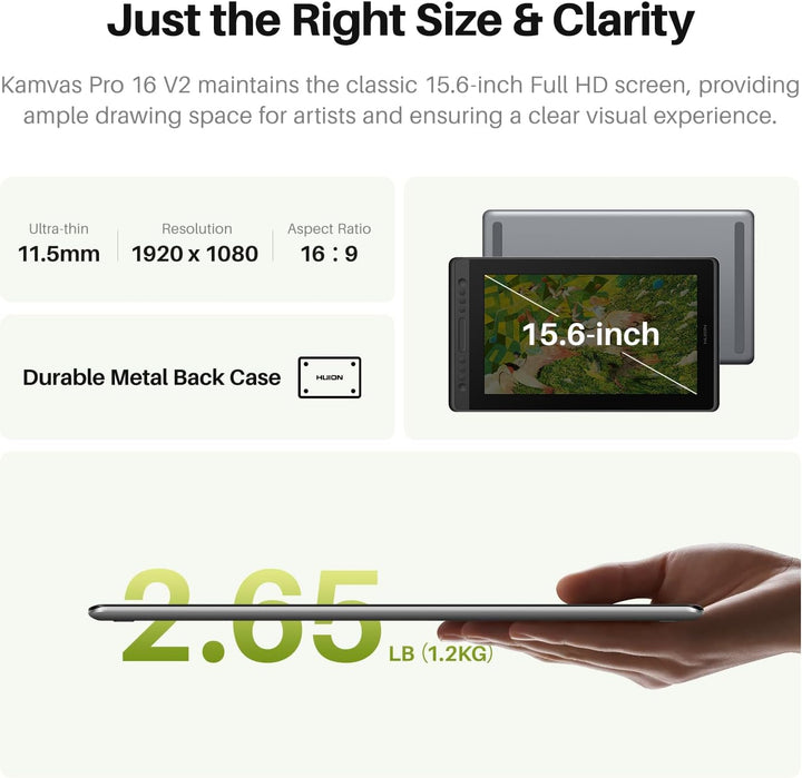 HUION Kamvas Pro 16 V2 Grafiktablett mit Display, 15,6 Zoll Drawing Tablet 16384 Stiftdruck, batteri