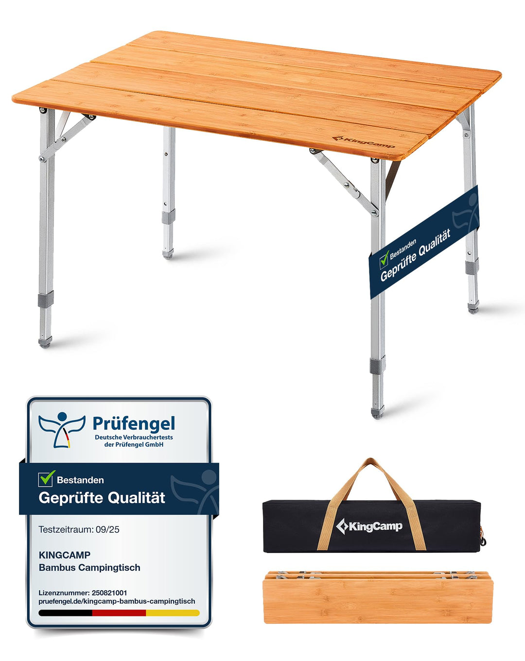 KingCamp Campingtisch Bambus Klapptisch höhenverstellbar (45/52 / 65 cm) für 2-4 Personen Campingtis