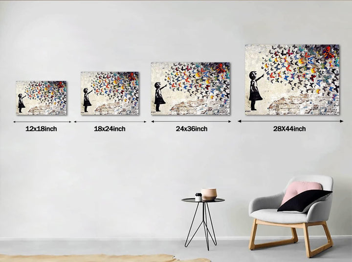 Graffiti-Strassen-Wandkunst, Banksy-Gemälde, Kunstwerk, gross, gerahmt, Graffiti-Mädchen mit Schmett