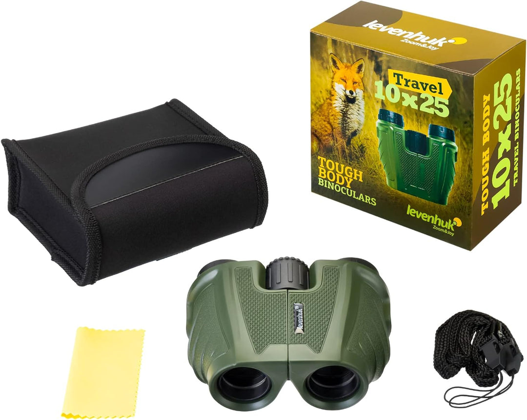 Levenhuk Travel 10x25 Kompaktes, Leichtes 10x-Fernglas für Wanderungen und Fussballspiele, Farbe Grü